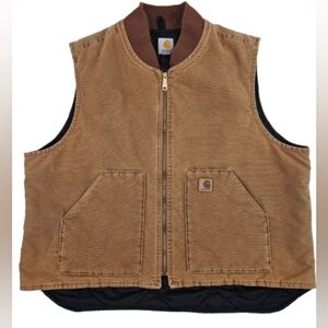🔥VTG Carhartt Men's Brown Tan Canvas Duck Full Zip Vest Size 2XL